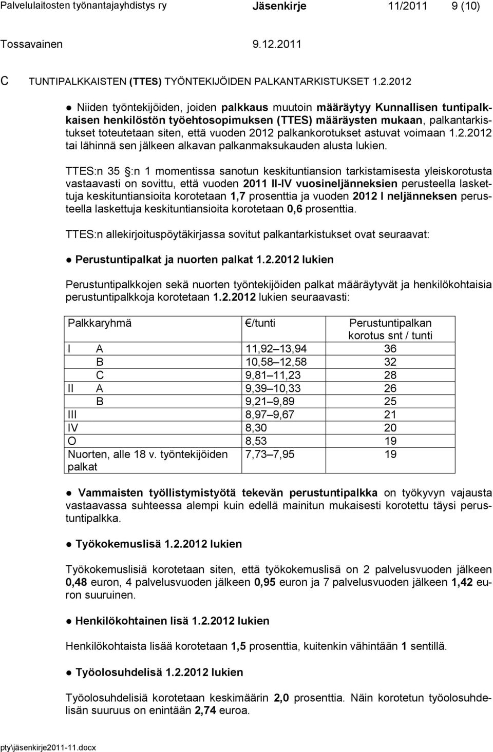 2012 Niiden työntekijöiden, joiden palkkaus muutoin määräytyy Kunnallisen tuntipalkkaisen henkilöstön työehtosopimuksen (TTES) määräysten mukaan, palkantarkistukset toteutetaan siten, että vuoden