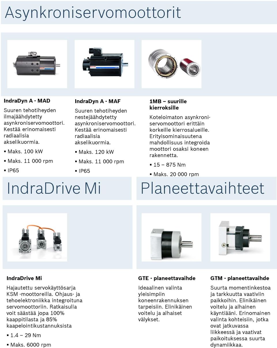 11 000 rpm IP65 IndraDrive Mi 1MB suurille kierroksille Koteloimaton asynkroniservomoottori erittäin korkeille kierrosalueille.