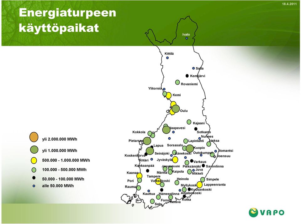 000 MWh Kajaani Haapavesi Kokkola Sotkamo Nurmes Pietarsaari Lapinlahti Lieksa Lapua Sorsasalo Kuopio Ilomantsi Seinäjoki Äänekoski Outokumpui