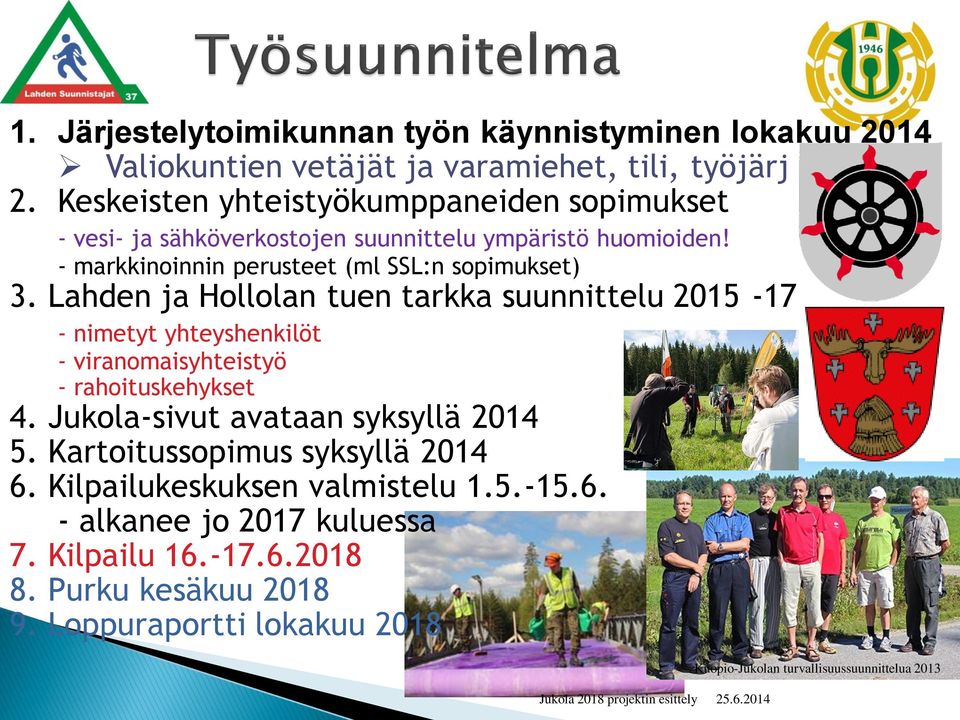 Lahden ja Hollolan tuen tarkka suunnittelu 2015-17 - nimetyt yhteyshenkilöt - viranomaisyhteistyö - rahoituskehykset 4. Jukola-sivut avataan syksyllä 2014 5.