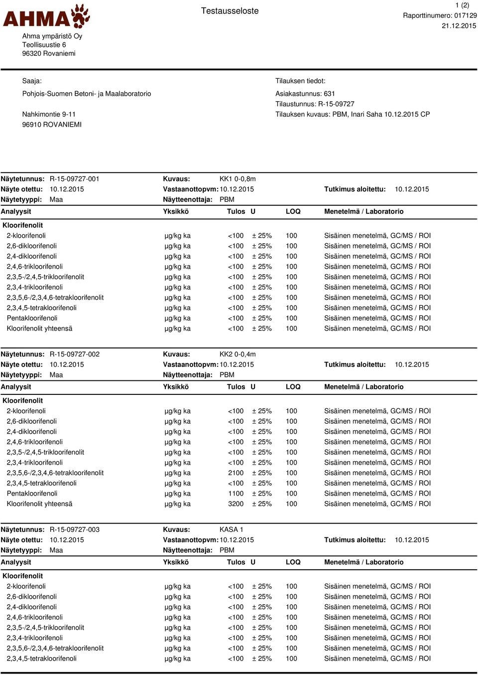 2015 Saaja: Pohjois-Suomen Betoni- ja laboratorio Nahkimontie 9-11 Tilauksen tiedot: Asiakastunnus: 631 Tilaustunnus: R-15-09727 Tilauksen