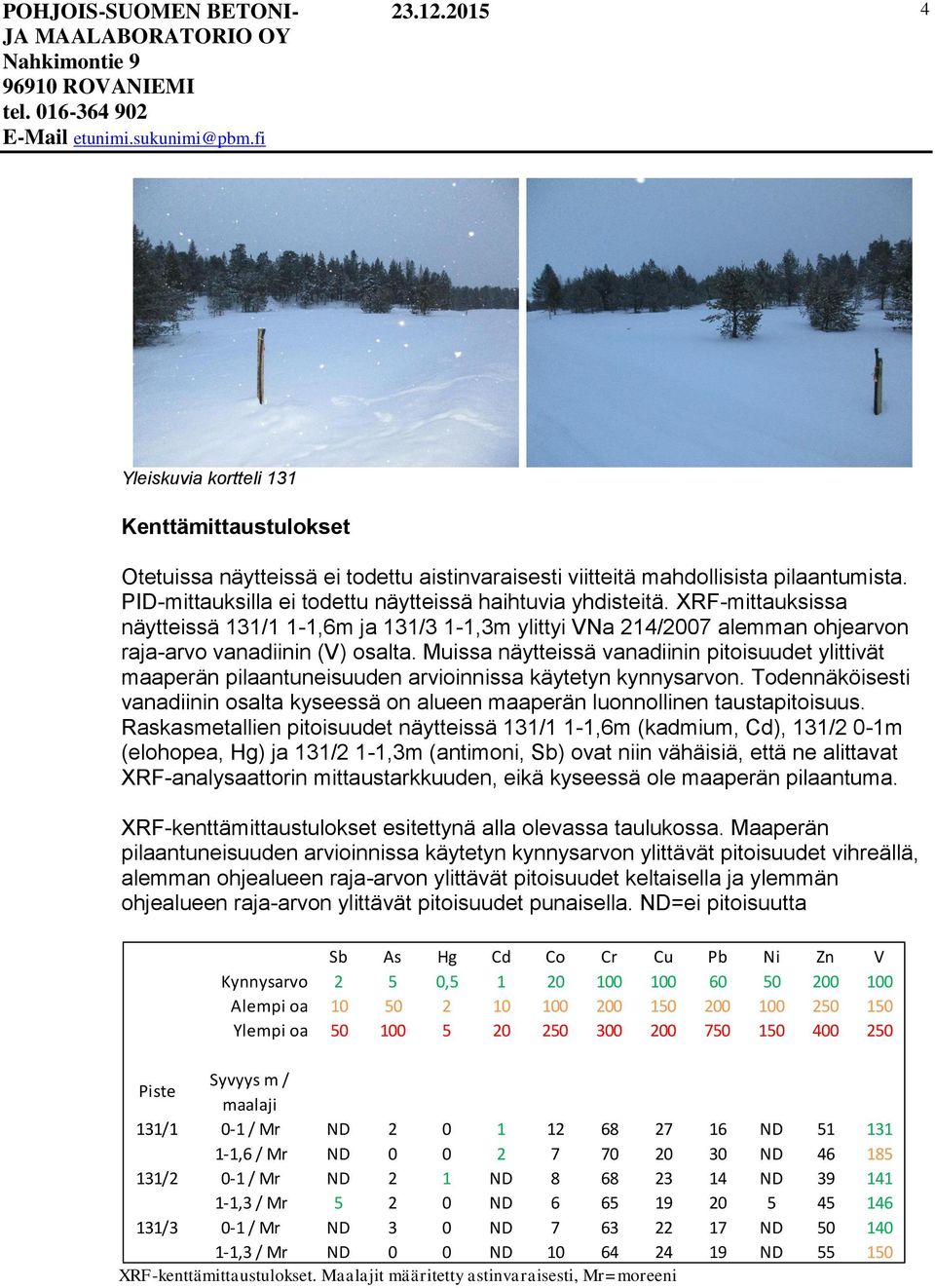 XRF-mittauksissa näytteissä 131/1 1-1,6m ja 131/3 1-1,3m ylittyi VNa 214/2007 alemman ohjearvon raja-arvo vanadiinin (V) osalta.