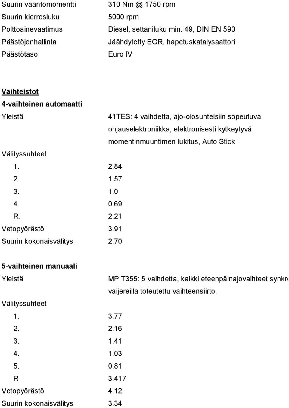 sopeutuva ohjauselektroniikka, elektronisesti kytkeytyvä momentinmuuntimen lukitus, Auto Stick Välityssuhteet 1. 2.84 2. 1.57 3. 1.0 4. 0.69 R. 2.21 Vetopyörästö 3.