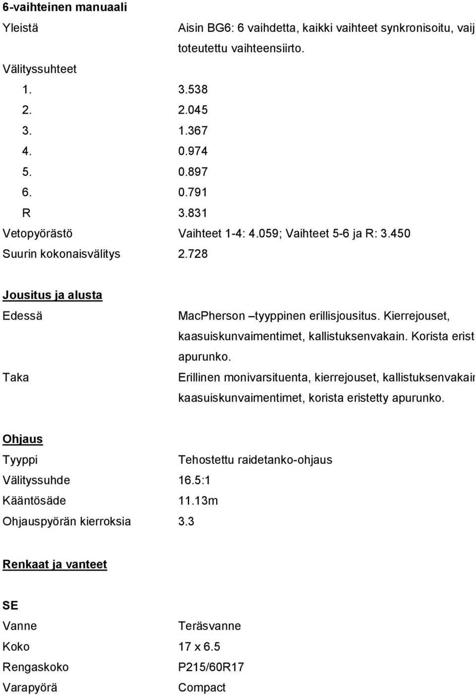 Kierrejouset, kaasuiskunvaimentimet, kallistuksenvakain. Korista eristetty apurunko.