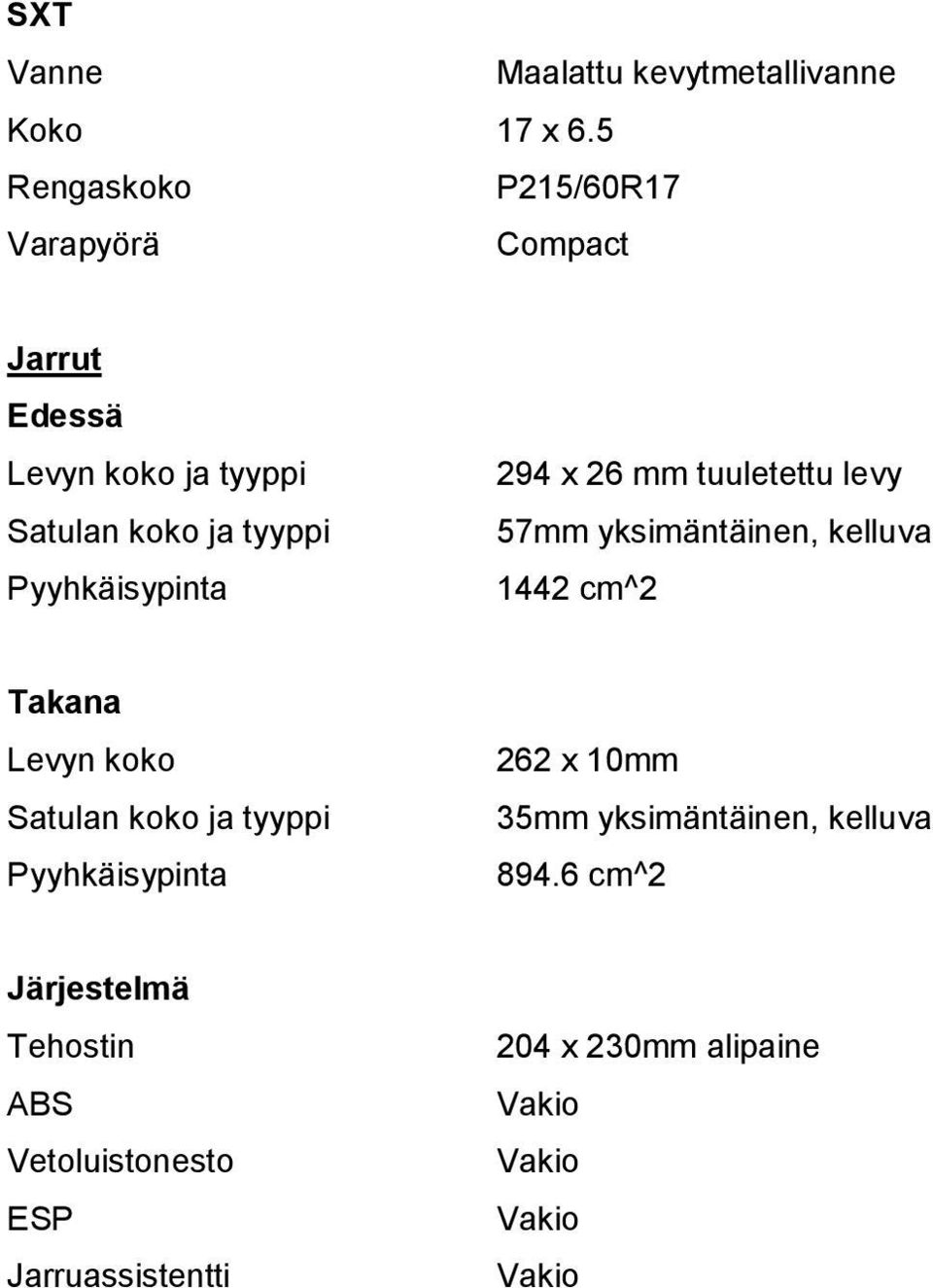 Pyyhkäisypinta 294 x 26 mm tuuletettu levy 57mm yksimäntäinen, kelluva 1442 cm^2 Takana Levyn koko Satulan