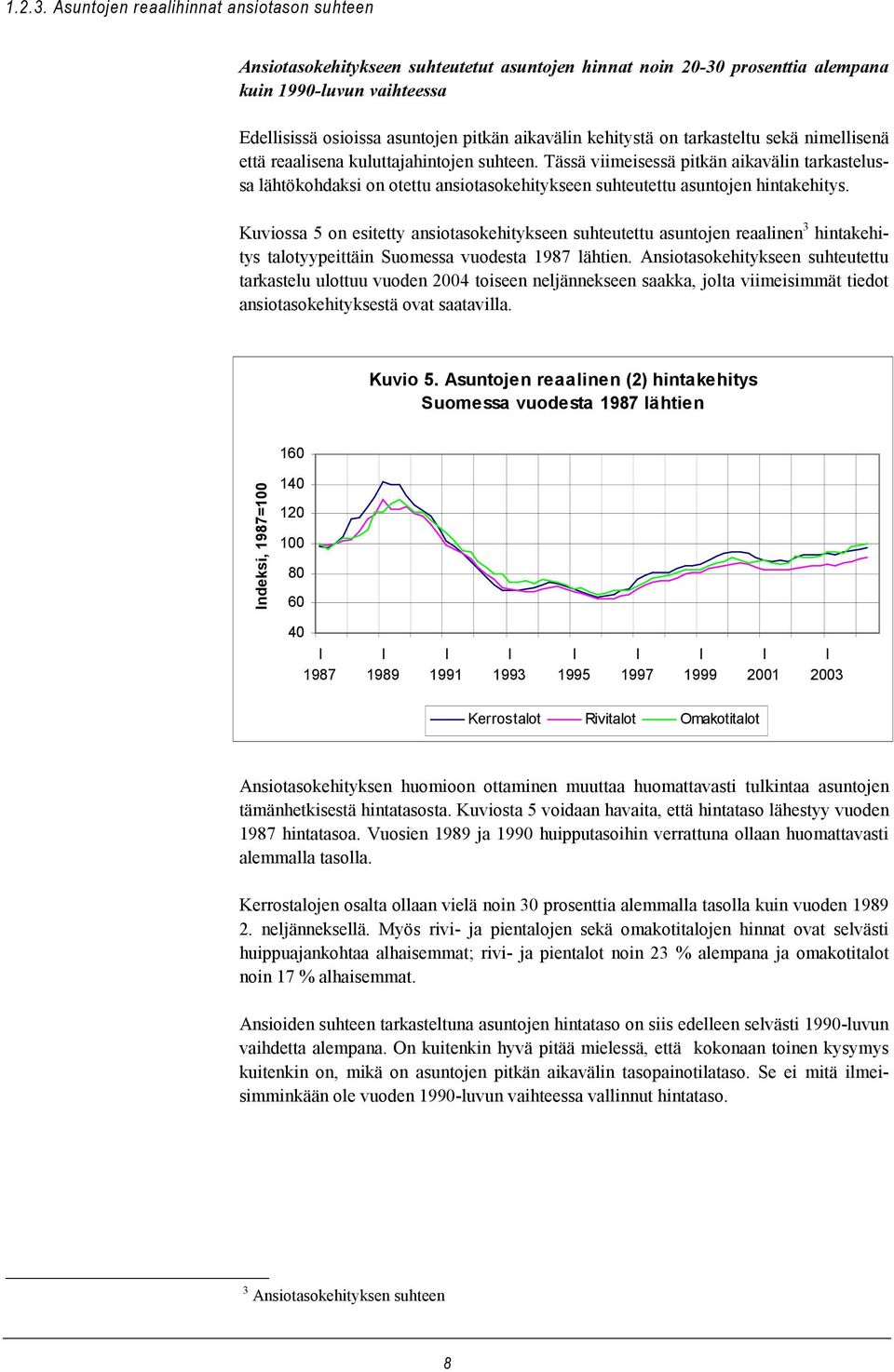 Tässä viimeisessä pitkän aikavälin tarkastelussa lähtökohdaksi on otettu ansiotasokehitykseen suhteutettu asuntojen hintakehitys.