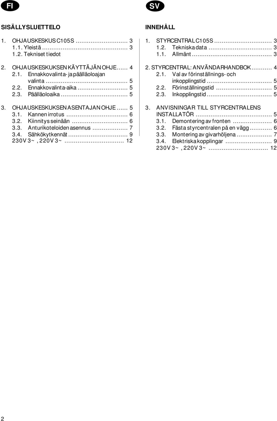 .. 12 INNEHÅLL 1. STYRCENTRAL C105S... 3 1.2. Tekniska data... 3 1.1. Allmänt... 3 2. STYRCENTRAL: ANVÄNDARHANDBOK... 4 2.1. Val av förinställnings- och inkopplingstid... 5 2.2. Förinställningstid.