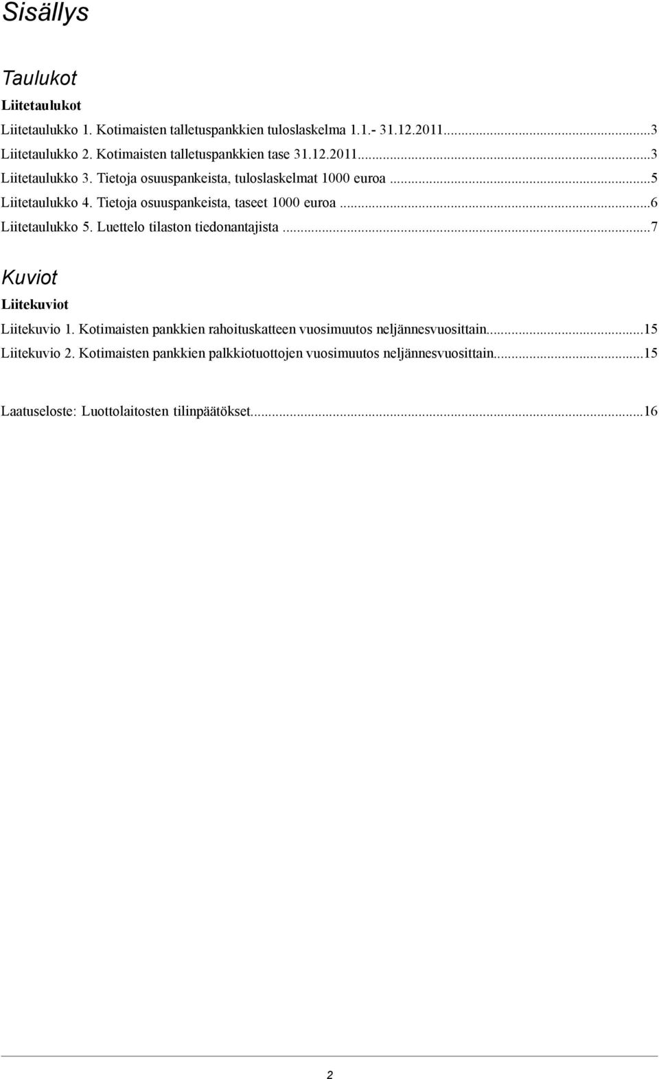 Tietoja osuuspankeista, taseet 1000 euroa.6 Liitetaulukko 5. Luettelo tilaston tiedonantajista.7 Kuviot Liitekuviot Liitekuvio 1.