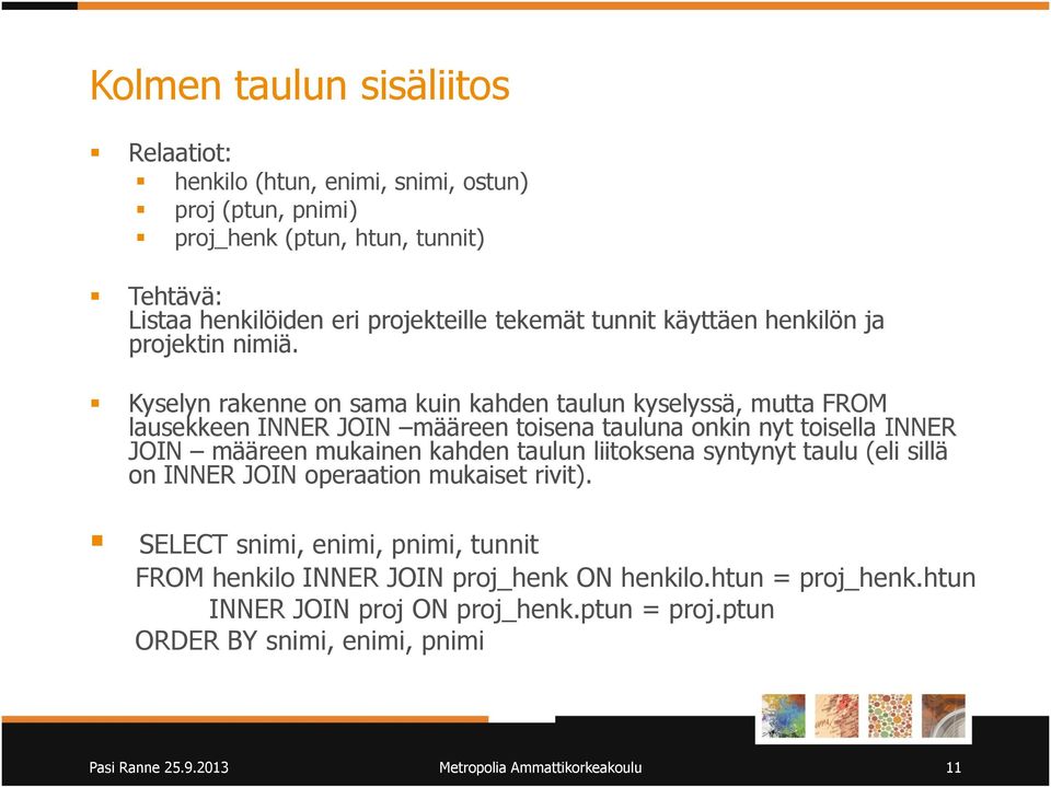 Kyselyn rakenne on sama kuin kahden taulun kyselyssä, mutta FROM lausekkeen INNER JOIN määreen toisena tauluna onkin nyt toisella INNER JOIN määreen mukainen