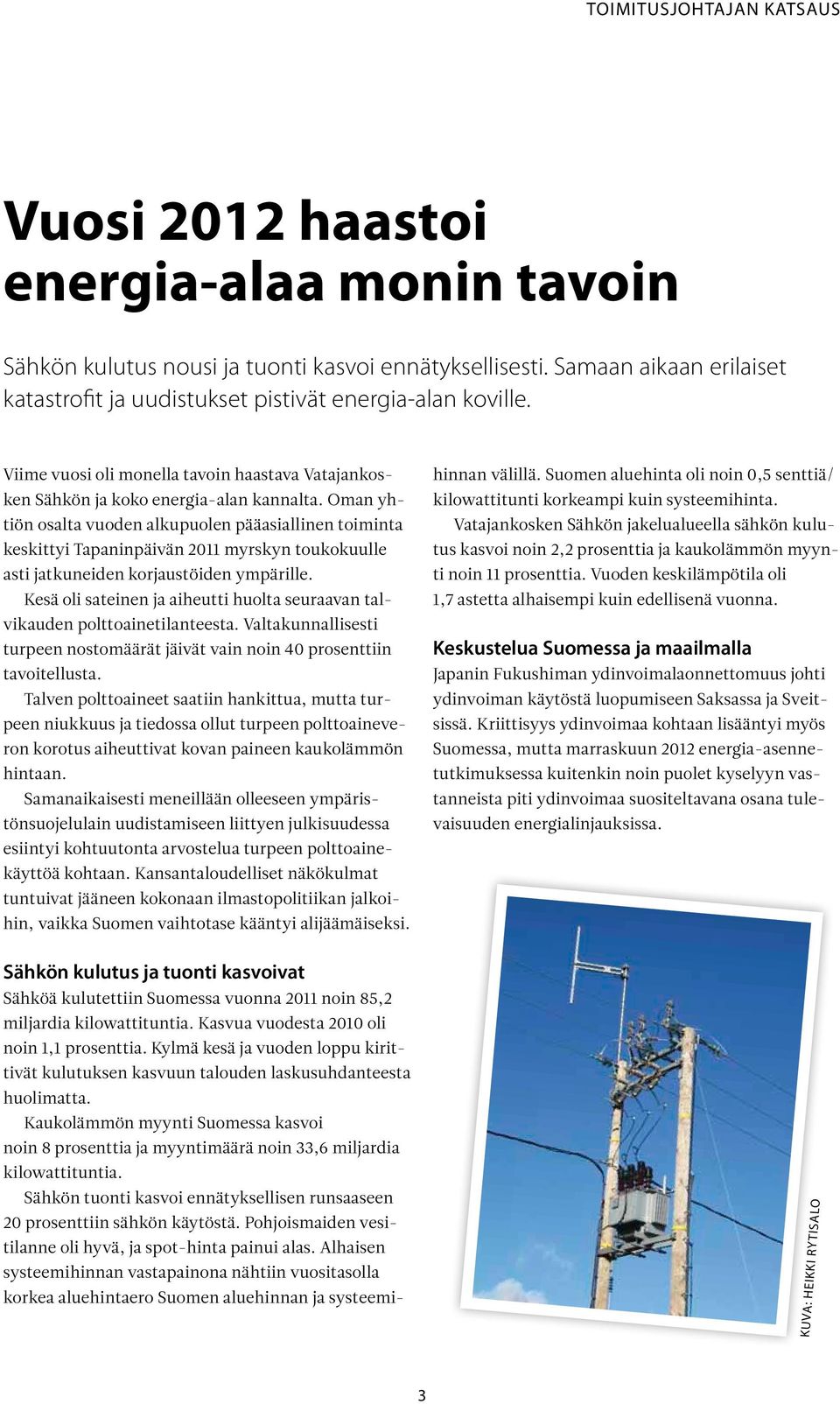 Oman yhtiön osalta vuoden alkupuolen pääasiallinen toiminta keskittyi Tapaninpäivän 2011 myrskyn toukokuulle asti jatkuneiden korjaustöiden ympärille.