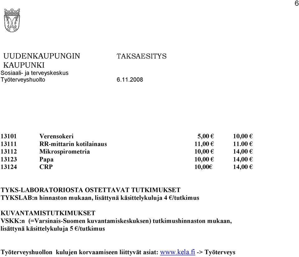 TUTKIMUKSET TYKSLAB:n hinnaston mukaan, lisättynä käsittelykuluja 4 /tutkimus KUVANTAMISTUTKIMUKSET VSKK:n