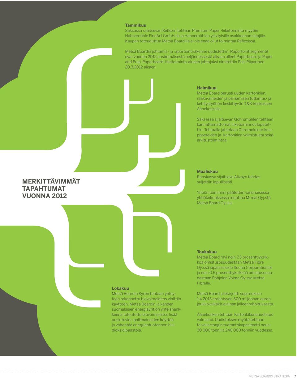 Raportointisegmentit ovat vuoden 2012 ensimmäisestä neljänneksestä alkaen olleet Paperboard ja Paper and Pulp. Paperboard-liiketoiminta-alueen johtajaksi nimitettiin Pasi Piiparinen 20.3.2012 alkaen.