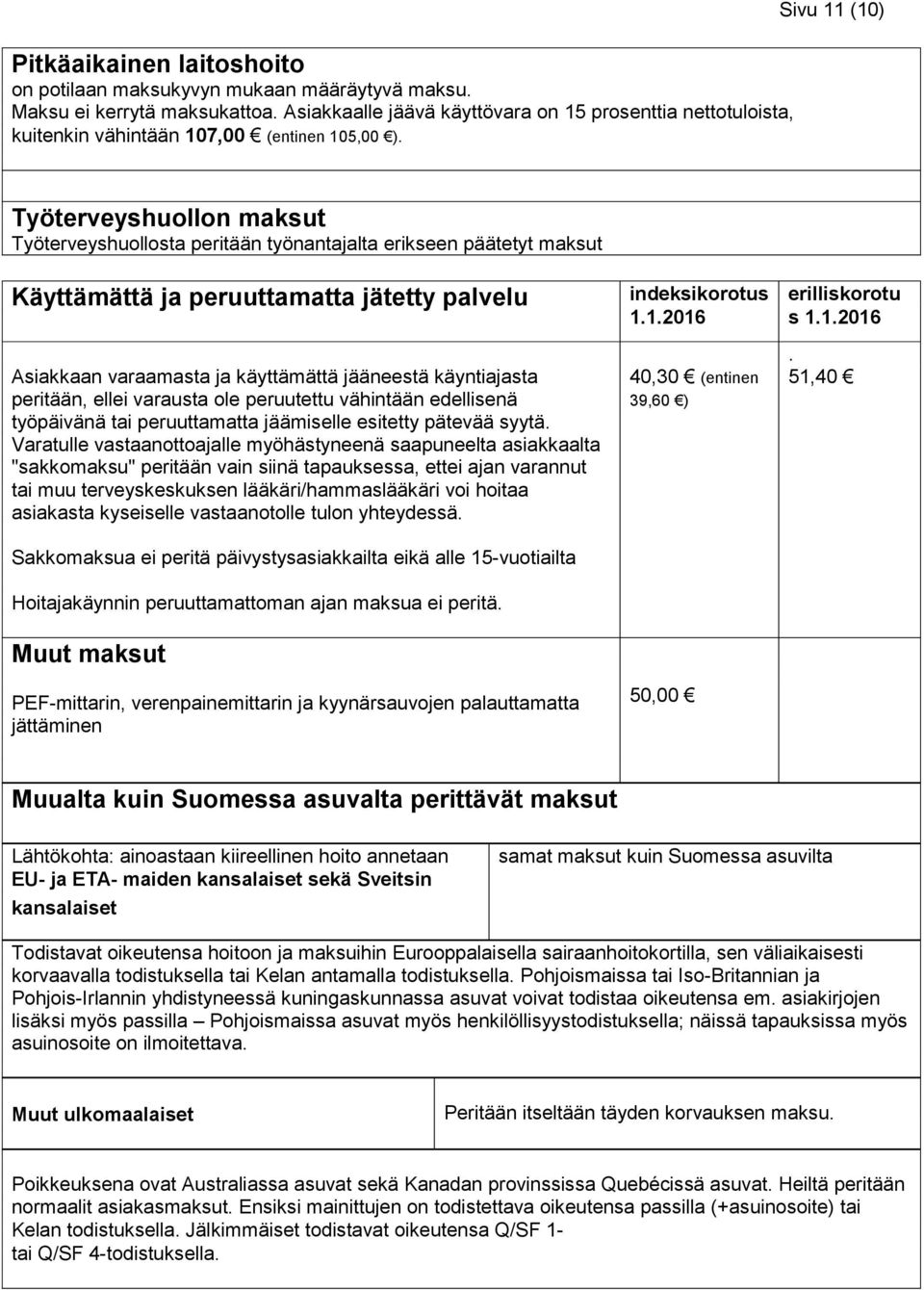 Työterveyshuollon maksut Työterveyshuollosta peritään työnantajalta erikseen päätetyt maksut Käyttämättä ja peruuttamatta jätetty palvelu Asiakkaan varaamasta ja käyttämättä jääneestä käyntiajasta