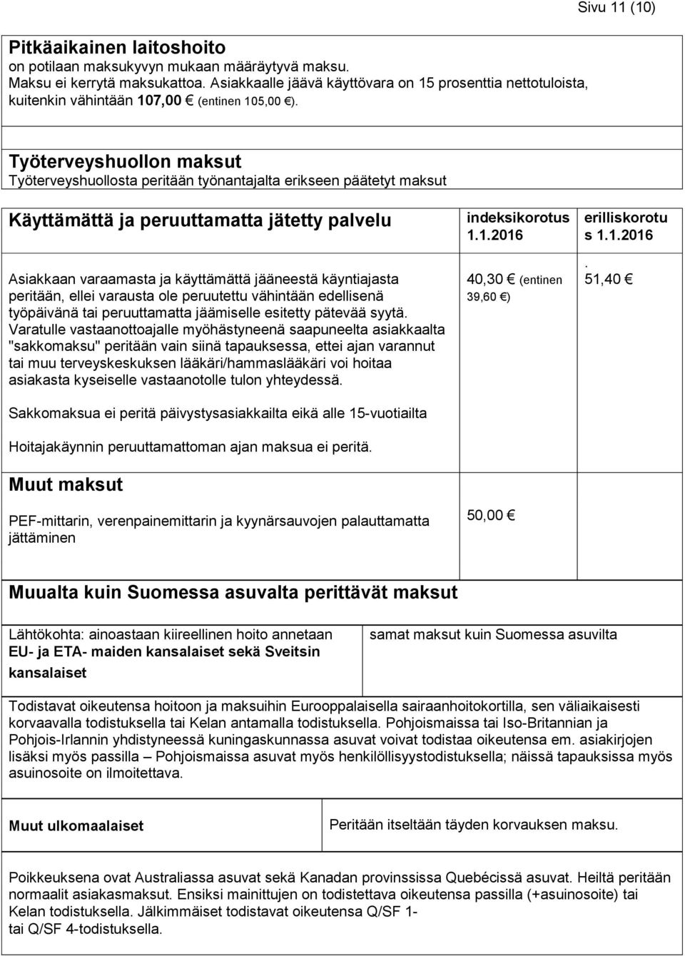 Työterveyshuollon maksut Työterveyshuollosta peritään työnantajalta erikseen päätetyt maksut Käyttämättä ja peruuttamatta jätetty palvelu Asiakkaan varaamasta ja käyttämättä jääneestä käyntiajasta