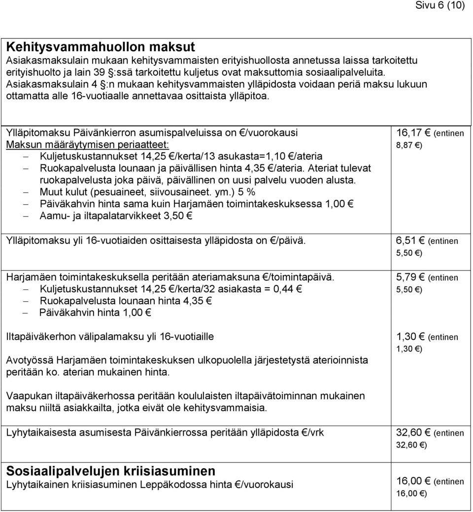 Ylläpitomaksu Päivänkierron asumispalveluissa on /vuorokausi Maksun määräytymisen periaatteet: Kuljetuskustannukset 14,25 /kerta/13 asukasta=1,10 /ateria Ruokapalvelusta lounaan ja päivällisen hinta