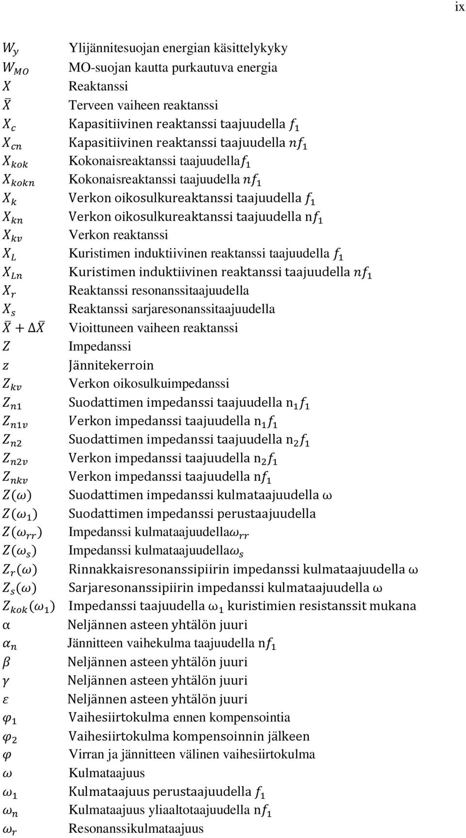 taajuudella Kuristimen induktiivinen reaktanssi taajuudella Reaktanssi resonanssitaajuudella Reaktanssi sarjaresonanssitaajuudella Vioittuneen vaiheen reaktanssi Impedanssi Jännitekerroin Verkon