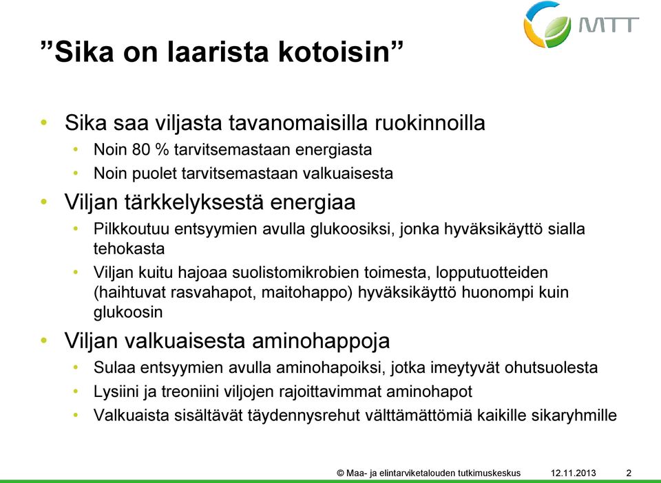 (haihtuvat rasvahapot, maitohappo) hyväksikäyttö huonompi kuin glukoosin Viljan valkuaisesta aminohappoja Sulaa entsyymien avulla aminohapoiksi, jotka imeytyvät