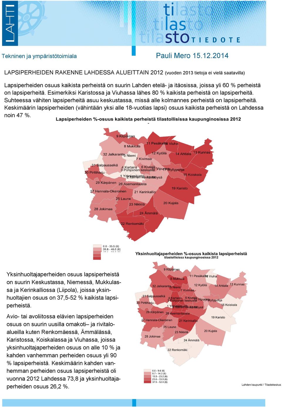 Keskimäärin lapsiperheiden (vähintään yksi alle 18-vuotias lapsi) osuus kaikista perheistä on Lahdessa noin 47.