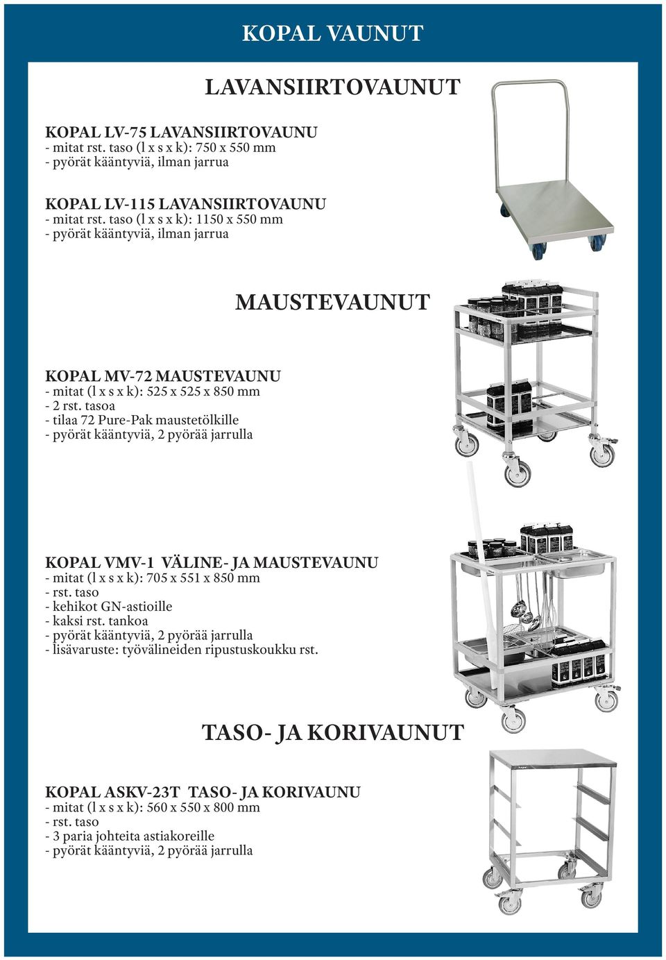 maustetölkille KOPAL VMV-1 VÄLINE- JA MAUSTEVAUNU - mitat (l x s x k): 705 x 551 x 850 mm - rst. taso - kehikot GN-astioille - kaksi rst.