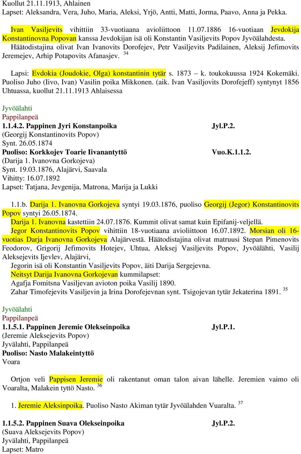 Häätodistajina olivat Ivan Ivanovits Dorofejev, Petr Vasiljevits Padilainen, Aleksij Jefimovits Jeremejev, Arhip Potapovits Afanasjev. 34 Lapsi: Evdokia (Joudokie, Olga) konstantinin tytär s. 1873 k.