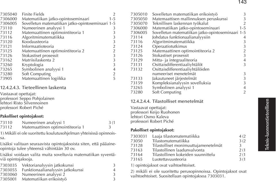 73265 Symbolinen analyysi 1 4 73280 Soft Computing 2 73905 Matemaattinen logiikka 5 12.4.2.4.3. Tieteellinen laskenta professori Seppo Pohjolainen lehtori Risto Silvennoinen professori Robert Piché