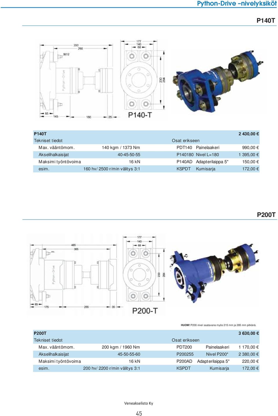 Adapterilaippa 5" 150,00 esim. 160 hv/ 2500 r/min välitys 3:1 KSPDT Kumisarja 172,00 P200T HUOM!