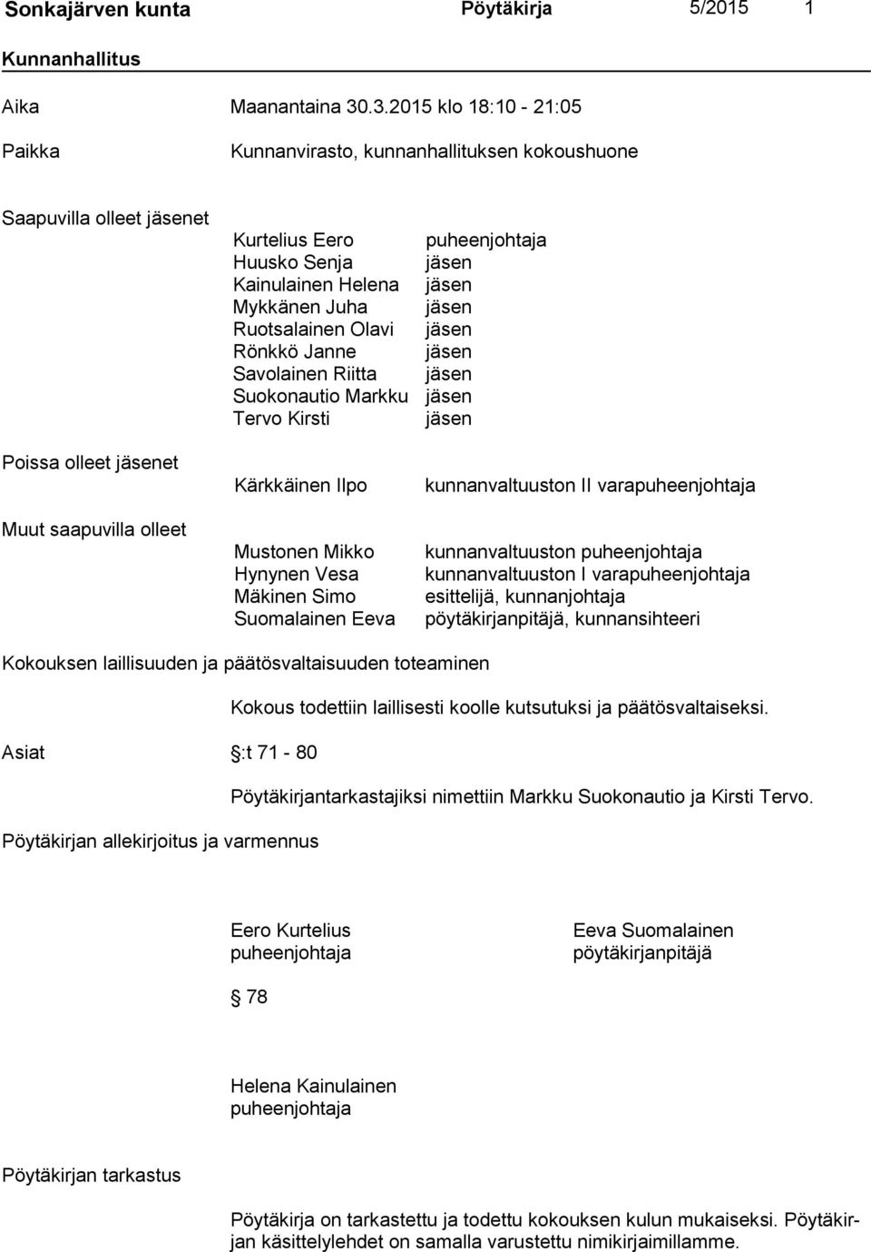 Mykkänen Juha Ruotsalainen Olavi Rönkkö Janne Savolainen Riitta Suokonautio Markku Tervo Kirsti Kärkkäinen Ilpo Mustonen Mikko Hynynen Vesa Mäkinen Simo Suomalainen Eeva puheenjohtaja jäsen jäsen