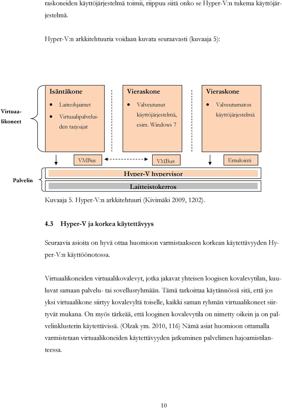 Windows 7 Valveutumaton käyttöjärjestelmä VMBus VMBus Emulointi Palvelin Hyper-V hypervisor Laitteistokerros Kuvaaja 5. Hyper-V:n arkkitehtuuri (Kivimäki 2009, 1202). 4.