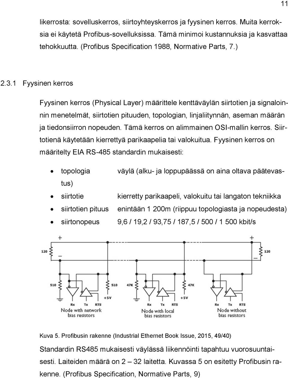 1 Fyysinen kerros Fyysinen kerros (Physical Layer) määrittele kenttäväylän siirtotien ja signaloinnin menetelmät, siirtotien pituuden, topologian, linjaliitynnän, aseman määrän ja tiedonsiirron