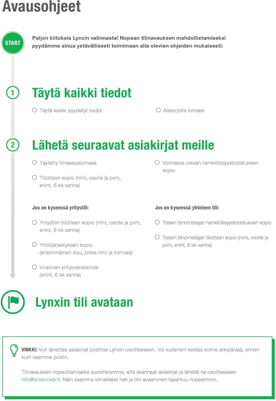 seuraavat asiakirjat meille Täytetty tilinavauslomake Tiliotteen kopio (nimi, osoite ja pvm, enint.