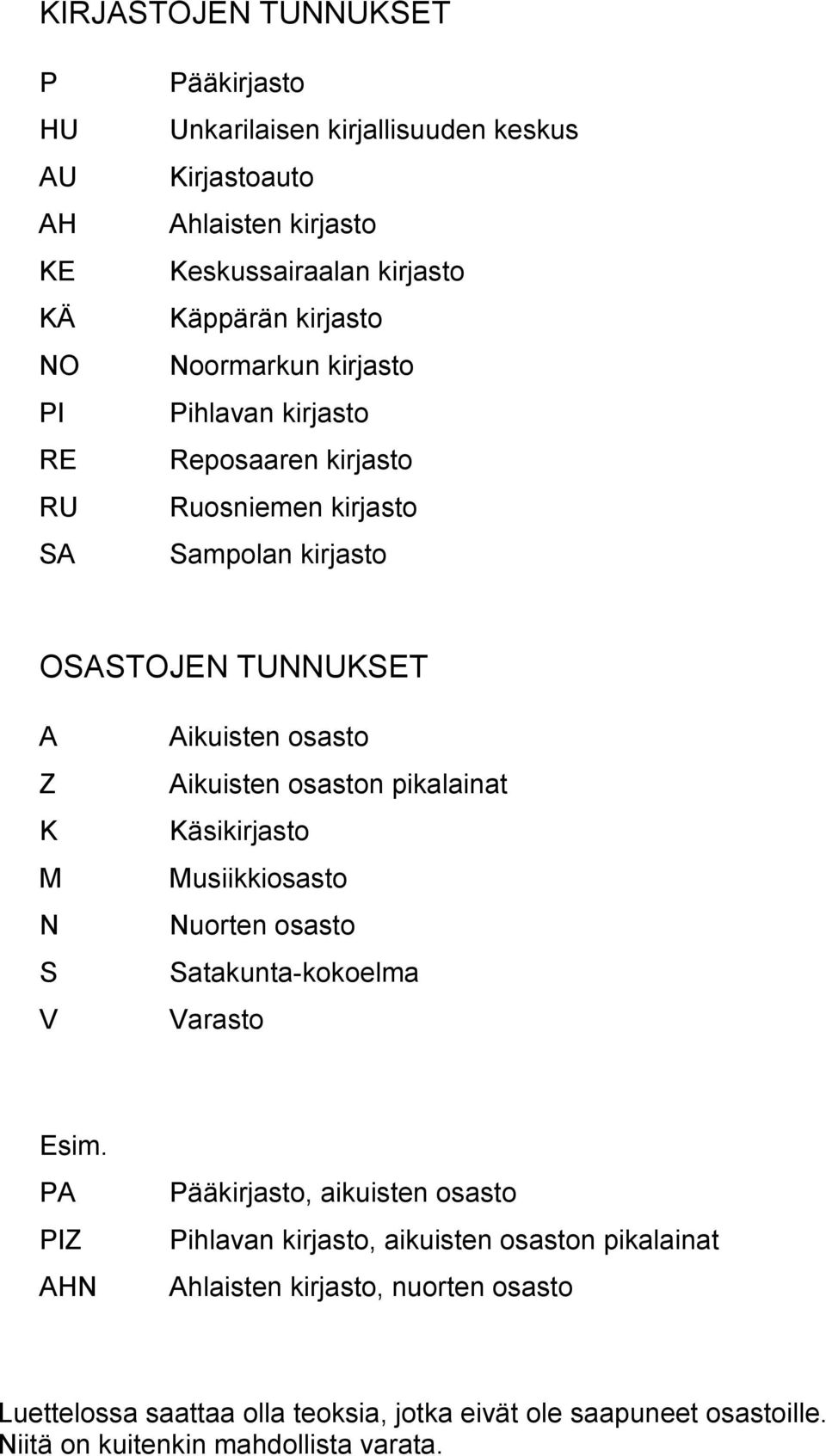 Aikuisten osaston pikalainat Käsikirjasto Musiikkiosasto Nuorten osasto Satakunta-kokoelma Varasto Esim.