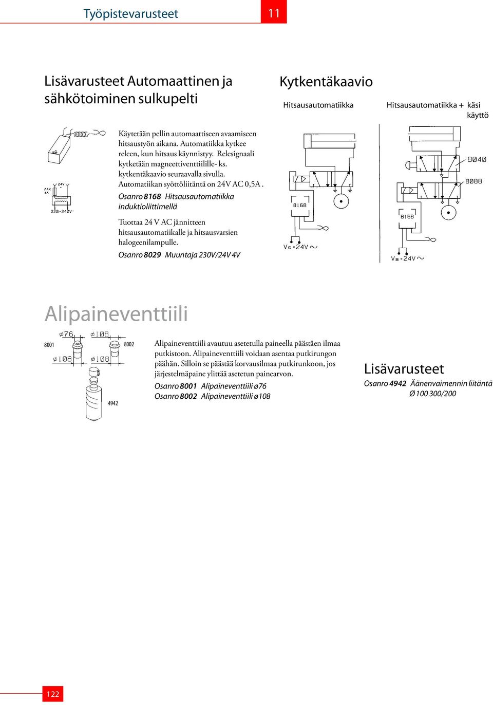 Osanro 8168 Hitsausautomatiikka induktioliittimellä Tuottaa 24 V AC jännitteen hitsausautomatiikalle ja hitsausvarsien halogeenilampulle.