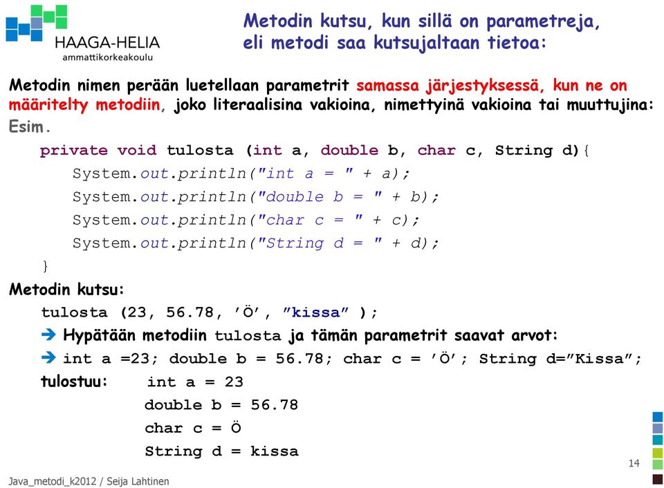 println("int a = " + a); System.out.println("double b = " + b); System.out.println("char c = " + c); System.out.println("String d = " + d); Metodin kutsu: tulosta (23, 56.