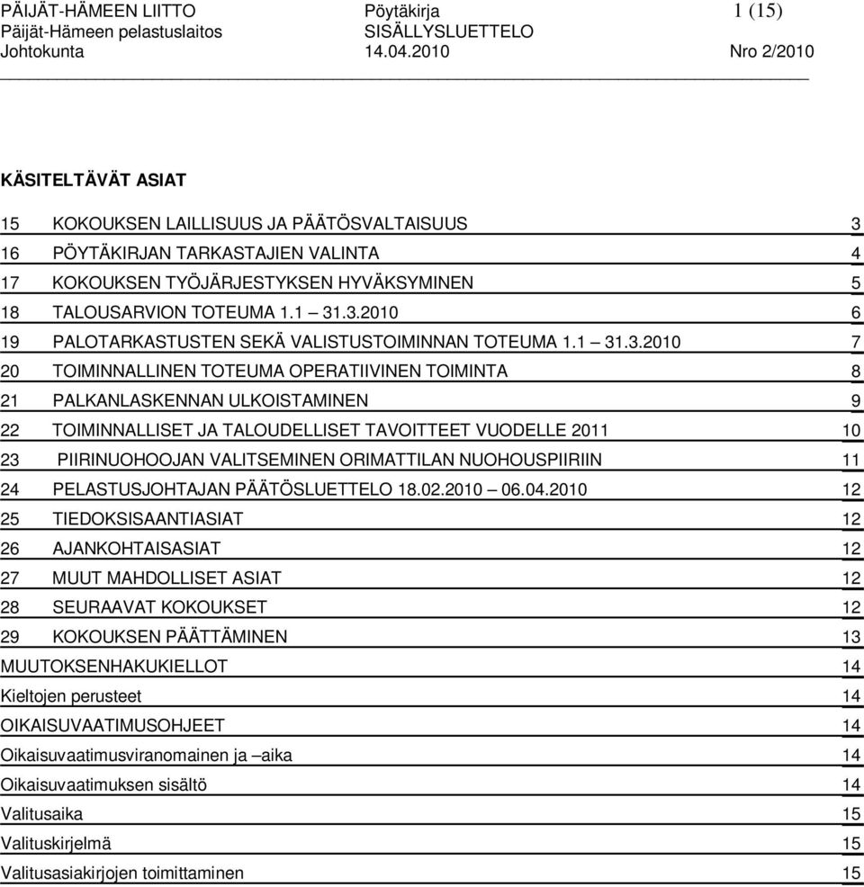 1 31.3.2010 7 20 TOIMINNALLINEN TOTEUMA OPERATIIVINEN TOIMINTA 8 21 PALKANLASKENNAN ULKOISTAMINEN 9 22 TOIMINNALLISET JA TALOUDELLISET TAVOITTEET VUODELLE 2011 10 23 PIIRINUOHOOJAN VALITSEMINEN
