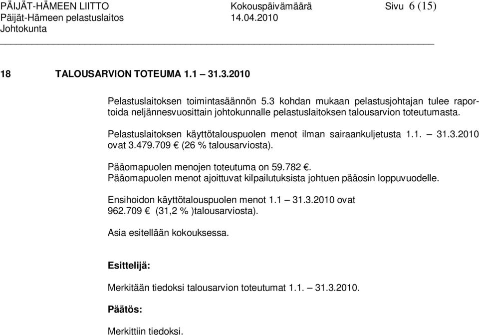 Pelastuslaitoksen käyttötalouspuolen menot ilman sairaankuljetusta 1.1. 31.3.2010 ovat 3.479.709 (26 % talousarviosta). Pääomapuolen menojen toteutuma on 59.782.