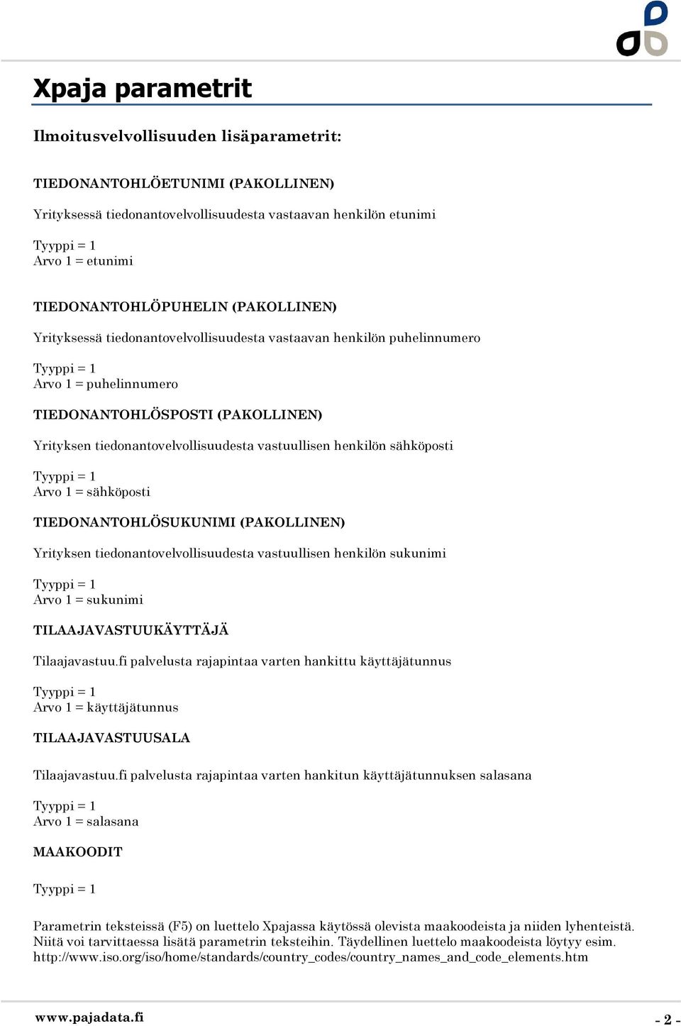 tiedonantovelvollisuudesta vastuullisen henkilön sähköposti Tyyppi = 1 Arvo 1 = sähköposti TIEDONANTOHLÖSUKUNIMI (PAKOLLINEN) Yrityksen tiedonantovelvollisuudesta vastuullisen henkilön sukunimi