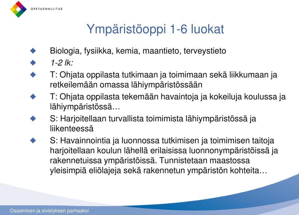 turvallista toimimista lähiympäristössä ja liikenteessä S: Havainnointia ja luonnossa tutkimisen ja toimimisen taitoja harjoitellaan koulun