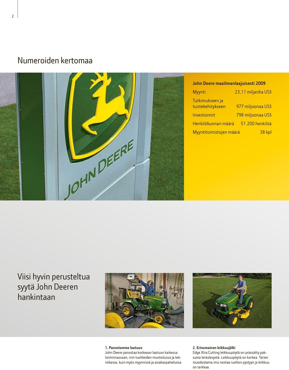 Panostamme laatuun John Deere panostaa korkeaan laatuun kaikessa toiminnassaan, niin tuotteiden muotoilussa ja tekniikassa, kuin myös myynnissä ja