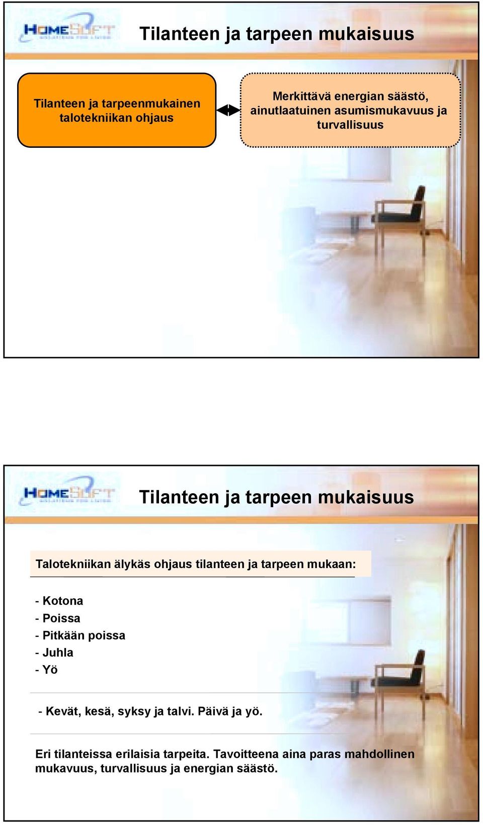 tilanteen ja tarpeen mukaan: - Kotona - Poissa - Pitkään poissa - Juhla - Yö - Kevät, kesä, syksy ja talvi.