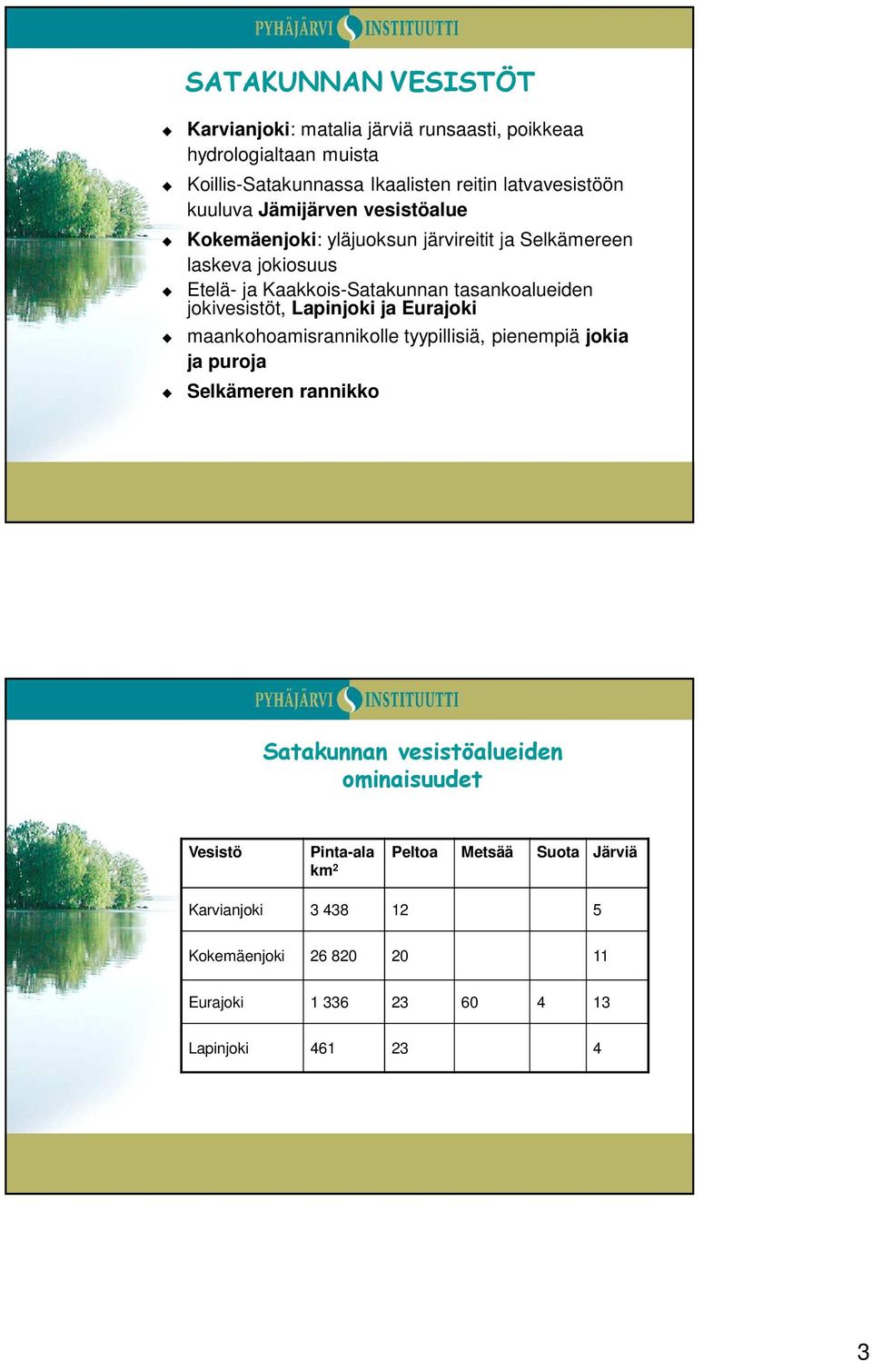 Kaakkois-Satakunnan tasankoalueiden jokivesistöt, Lapinjoki ja Eurajoki maankohoamisrannikolle tyypillisiä, pienempiä jokia ja puroja