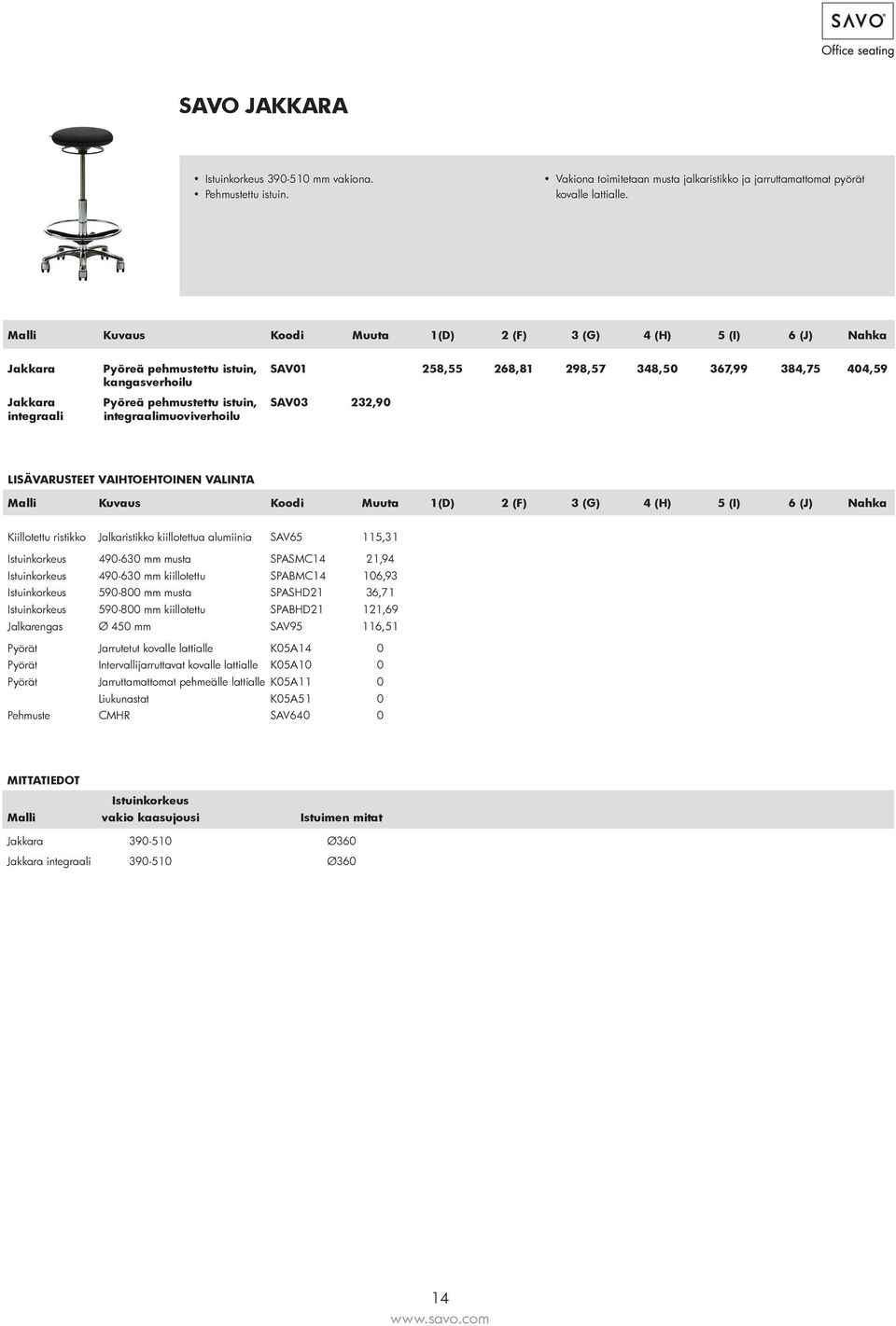 LISÄVARUSTEET VAIHTOEHTOINEN VALINTA Kiillotettu ristikko Jalkaristikko kiillotettua alumiinia SAV65 115,31 Istuinkorkeus 490-630 mm musta SPASMC14 21,94 Istuinkorkeus 490-630 mm kiillotettu SPABMC14