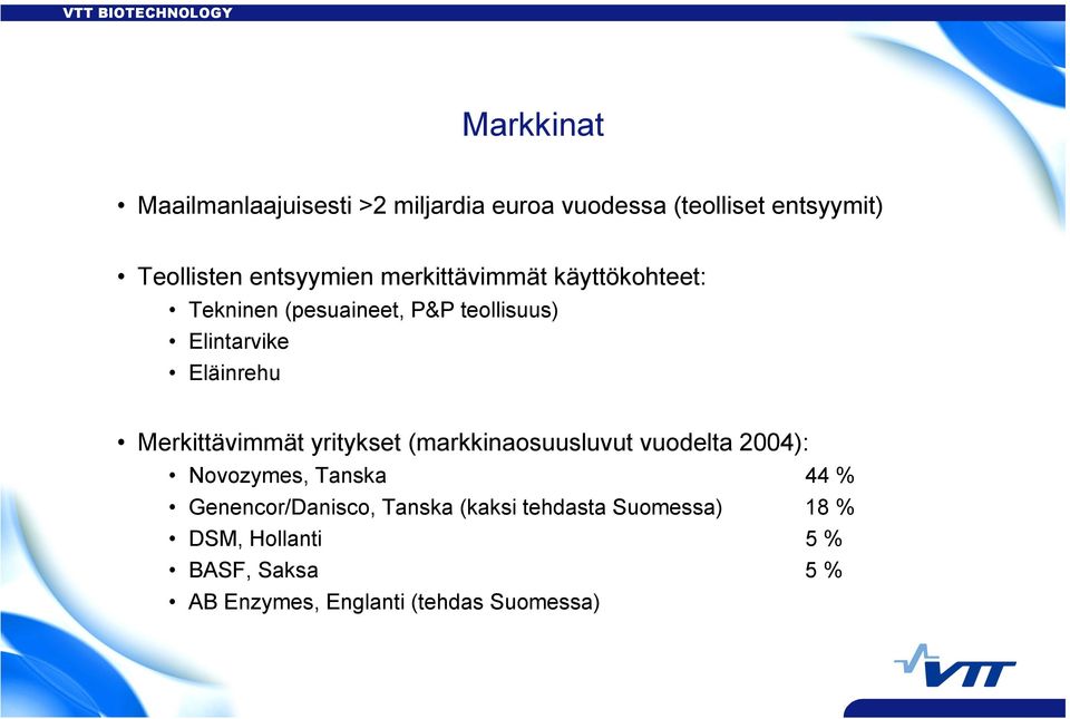 Merkittävimmät yritykset (markkinaosuusluvut vuodelta 2004): Novozymes, Tanska 44 %