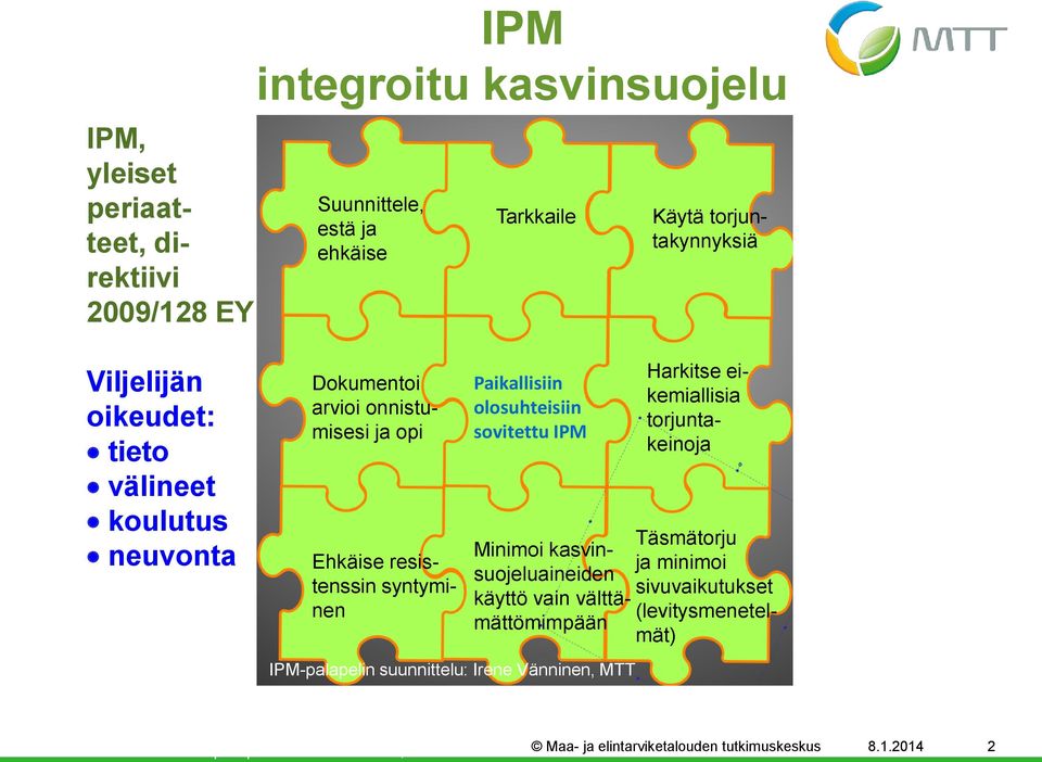 olosuhteisiin sovitettu IPM Harkitse eikemiallisia torjuntakeinoja Täsmätorju Minimoi kasvinja minimoi suojeluaineiden sivuvaikutukset käyttö vain