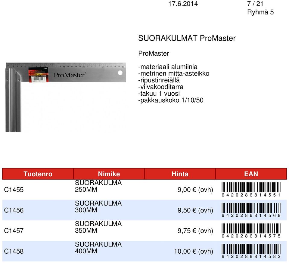 C1458 SUORAKULMA 400MM Hinta 9,00 (ovh) 9,50 (ovh) 9,75 (ovh) 10,00 (ovh) EAN 6 4 2 0