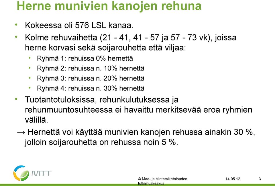 hernettä Ryhmä 2: rehuissa n. 10% hernettä Ryhmä 3: rehuissa n. 20% hernettä Ryhmä 4: rehuissa n.