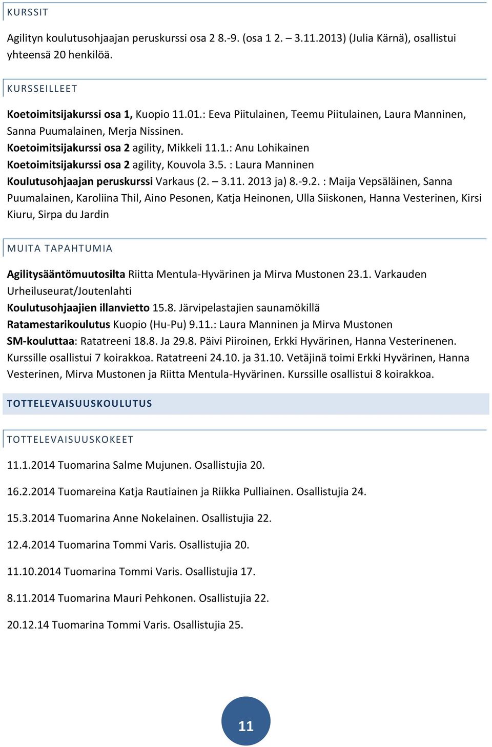 agility, Mikkeli 11.1.: Anu Lohikainen agility, Kouvola 3.5. : Laura Manninen Koulutusohjaajan peruskurssi Varkaus (2.