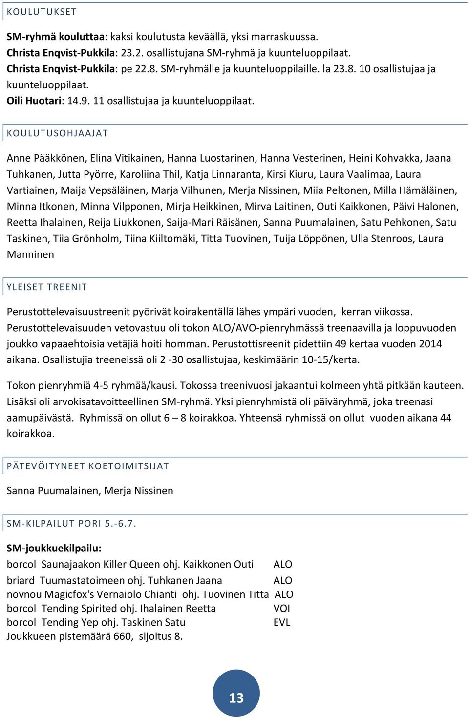 KOULUTUSOHJAAJAT Anne Pääkkönen, Elina Vitikainen, Hanna Luostarinen, Hanna Vesterinen, Heini Kohvakka, Jaana Tuhkanen, Jutta Pyörre, Karoliina Thil, Katja Linnaranta, Kirsi Kiuru, Laura Vaalimaa,