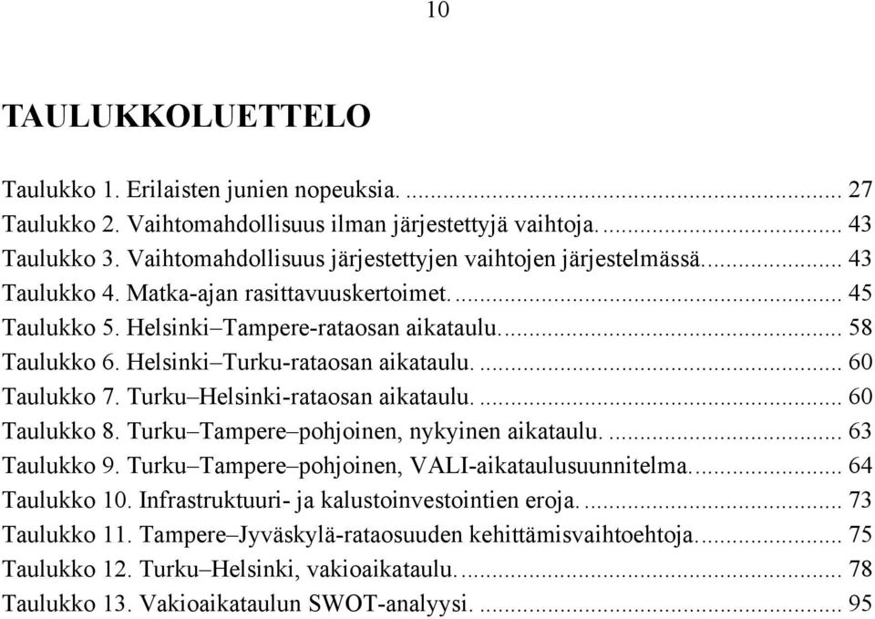 Helsinki Turku-rataosan aikataulu.... 60 Taulukko 7. Turku Helsinki-rataosan aikataulu.... 60 Taulukko 8. Turku Tampere pohjoinen, nykyinen aikataulu.... 63 Taulukko 9.