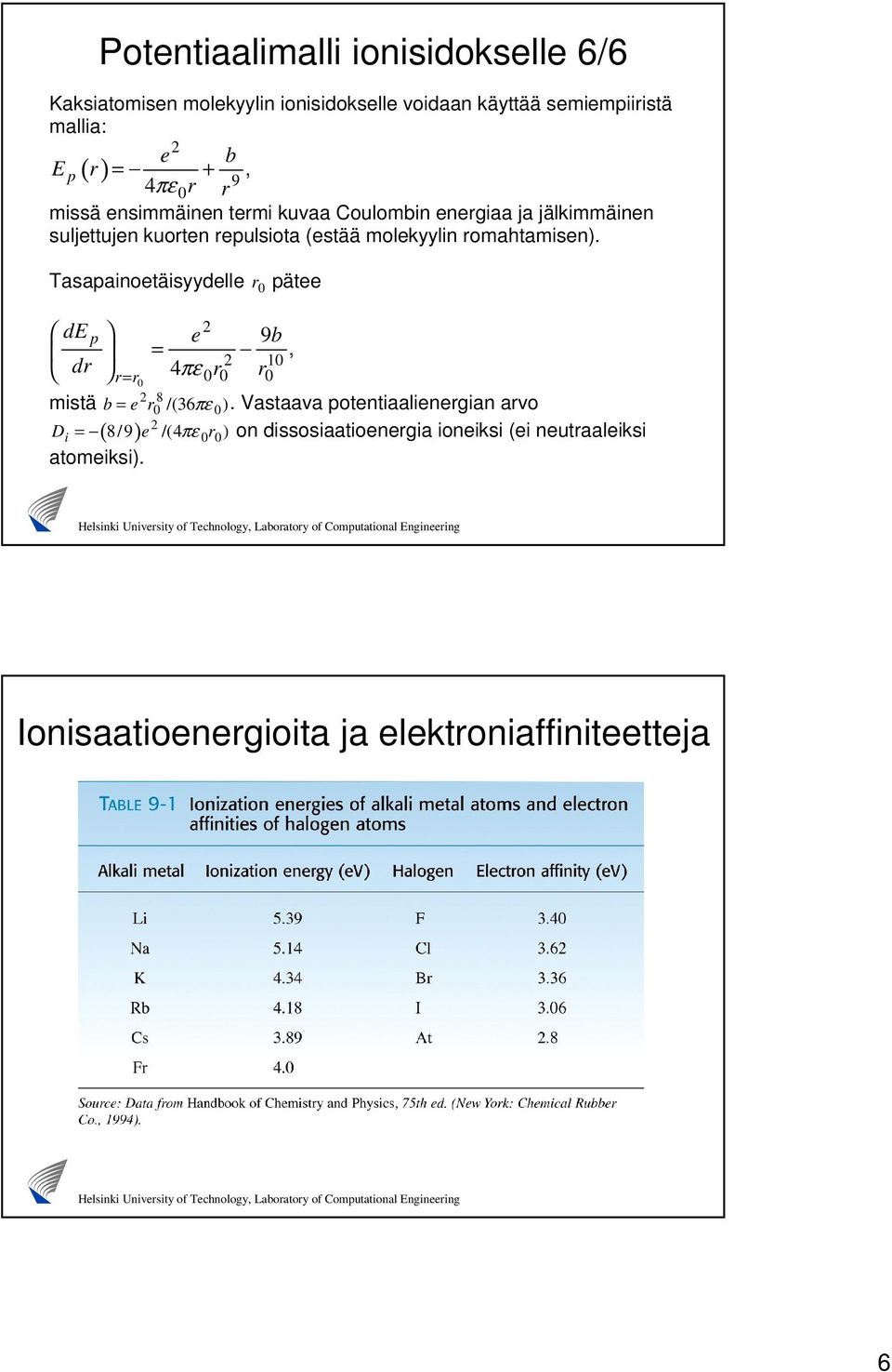 Tasapainoetäisyydelle r 0 pätee de p e 9b =, dr 0 r= r 4πε 00 r r0 0 8 mistä b = e r 0 /(36 πε 0 ).