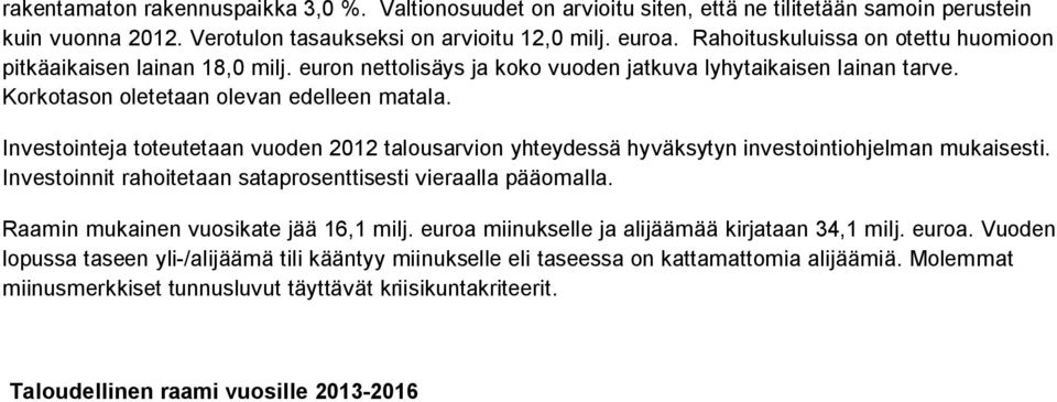 Investointeja toteutetaan vuoden 2012 talousarvion yhteydessä hyväksytyn investointiohjelman mukaisesti. Investoinnit rahoitetaan sataprosenttisesti vieraalla pääomalla.